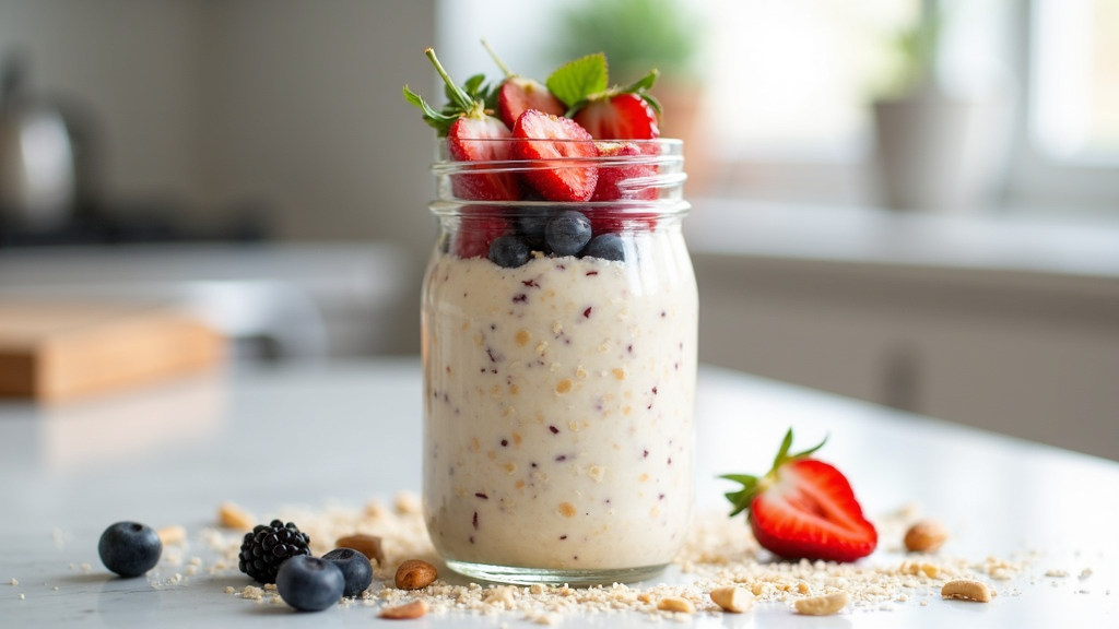 Bowl of vegan overnight gluten-free oats with fruit topping